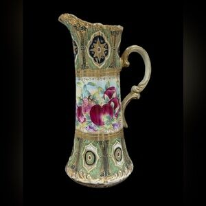 Antique Hand-Painted Nippon Ewer Pitcher Porcelain Footed Vase 16" tall